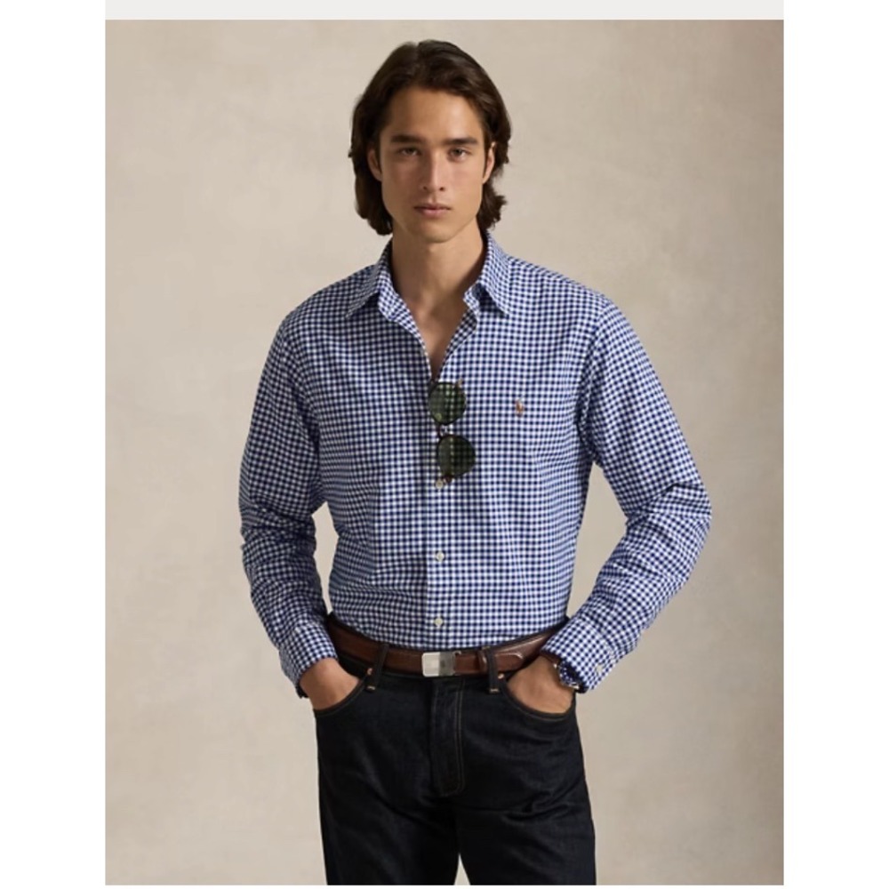 Polo Ralph Lauren Classic Fit Performance Gingham Oxford Shirt Button Blue Large